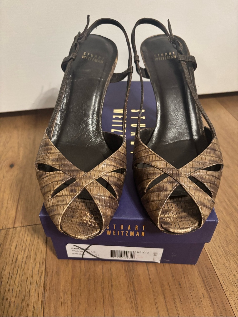 Stuart Weitzman Bronze Textured Leather Peep-Toe Slingback Heels
